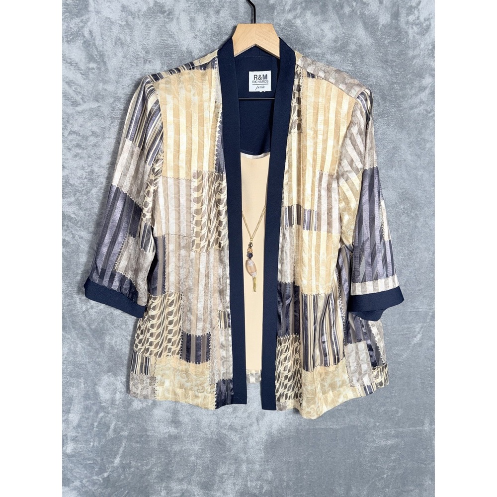 R&M Richards Womens Petite Open Front Jacket Patchwork Striped 3/4 Sleeve